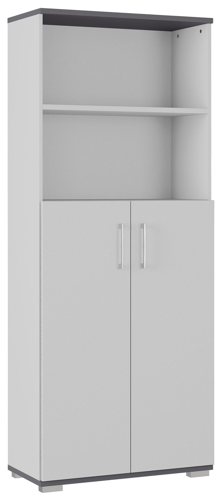 MID.YOU Aktenschrank PROFI 2.0 Aktenschrank PALMINA von Germania in grauer Farbe, mit zwei Türen und einem offenen Regal, frontal abgebildet.