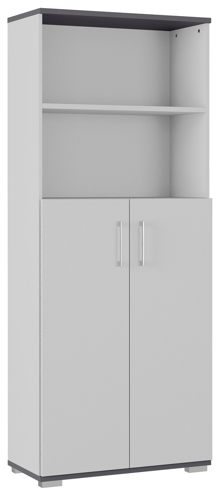 Aktenschrank PALMINA von Germania in grauer Farbe, mit zwei Türen und einem offenen Regal, frontal abgebildet.