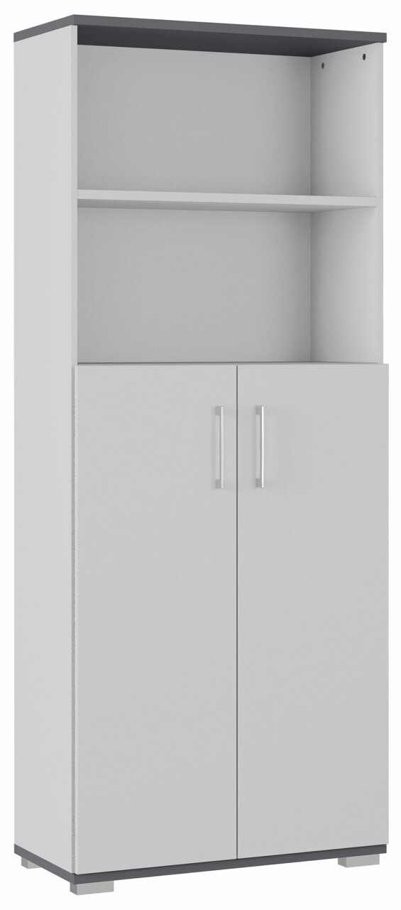 Aktenschrank PALMINA von Germania in grauer Farbe, mit zwei Türen und einem offenen Regal, frontal abgebildet.