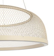 Nahaufnahme einer LED-Hängeleuchte mit modernem, gitterförmigem Design in Beige, seitliche Perspektive.