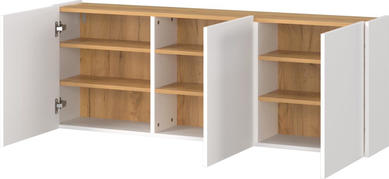 Mehrzweckschrank mit offenen Türen, zeigt Innenfächer aus Holzoptik und weiße Außenseiten, Perspektive von vorne.
