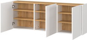 Mehrzweckschrank mit offenen Türen, zeigt Innenfächer aus Holzoptik und weiße Außenseiten, Perspektive von vorne.