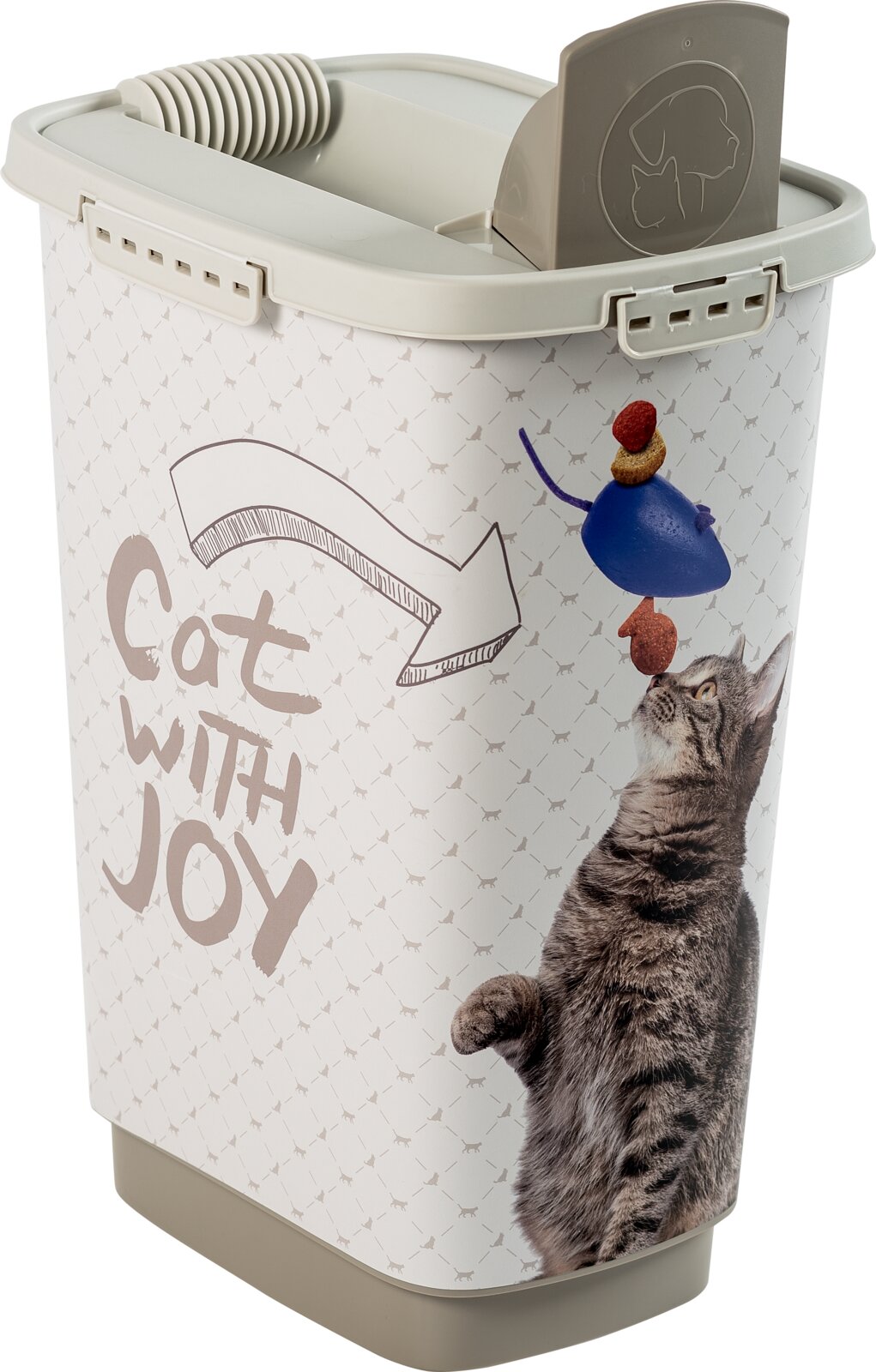 Tierfutterbehälter 25 l mit Katzenmotiv, seitliche Perspektive