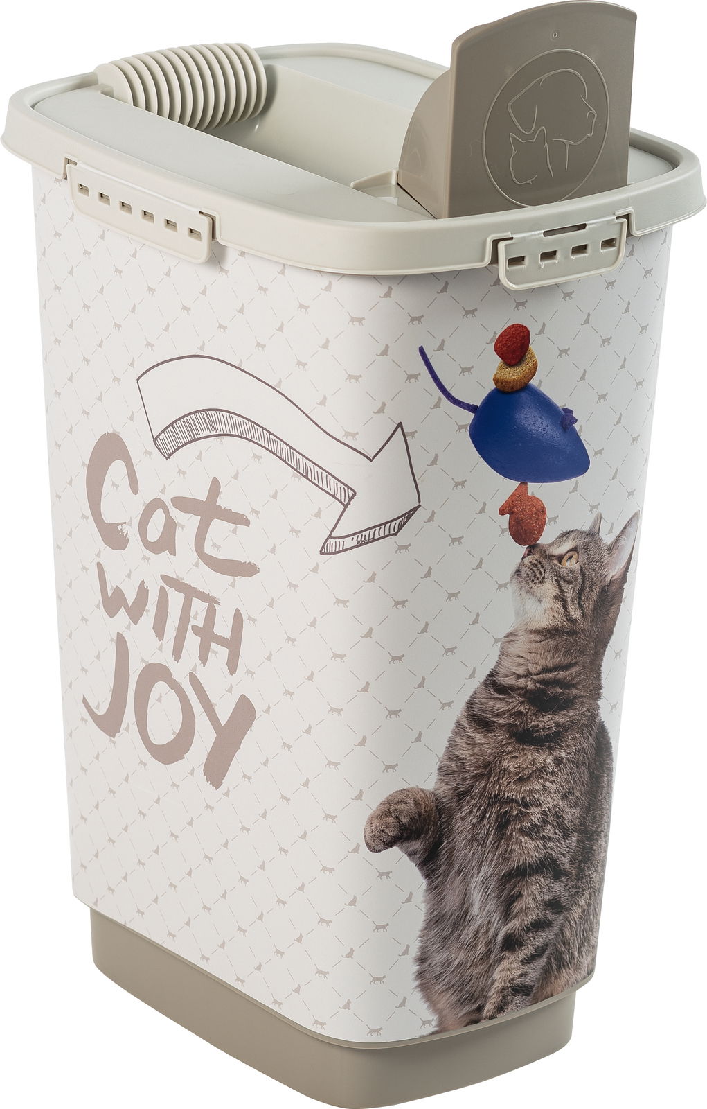 Tierfutterbehälter 25 l mit Katzenmotiv, seitliche Perspektive