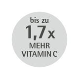 Rundes Etikett mit der Aufschrift 'bis zu 1,7x mehr Vitamin C', Vorderansicht