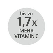 Rundes Etikett mit der Aufschrift 'bis zu 1,7x mehr Vitamin C', Vorderansicht