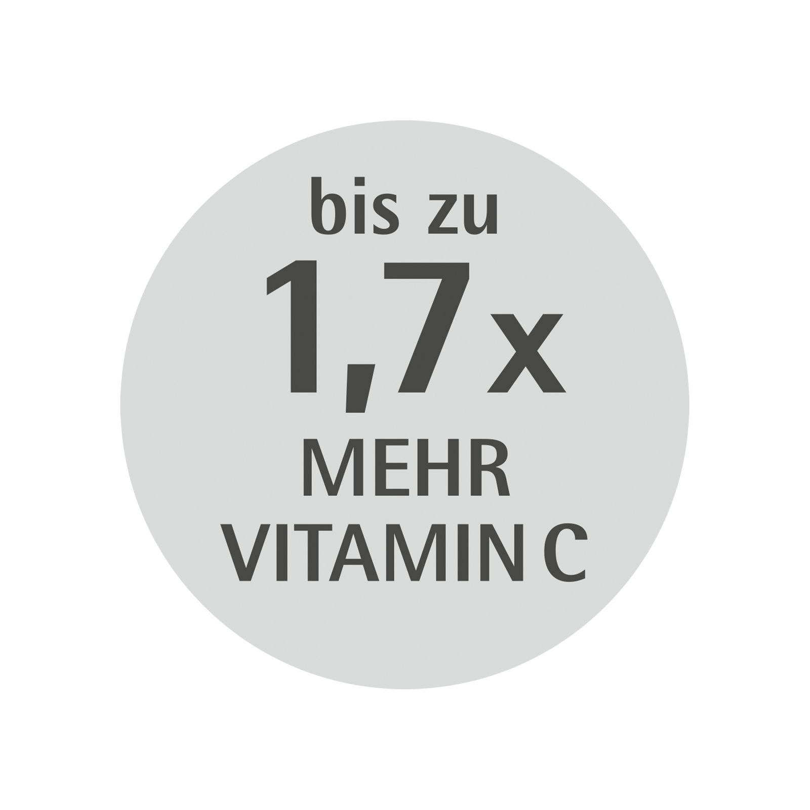 Rundes Etikett mit der Aufschrift 'bis zu 1,7x mehr Vitamin C', Vorderansicht