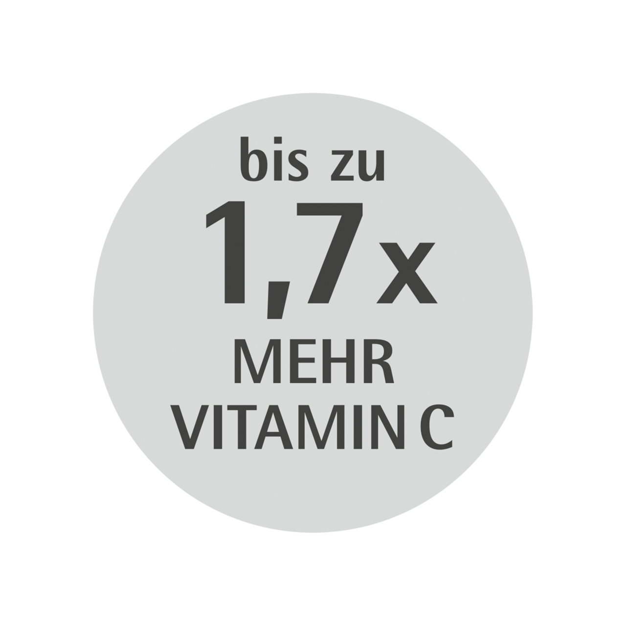 Rundes Etikett mit der Aufschrift 'bis zu 1,7x mehr Vitamin C', Vorderansicht