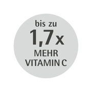 Rundes Etikett mit der Aufschrift 'bis zu 1,7x mehr Vitamin C', Vorderansicht