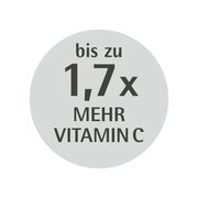 Rundes Etikett mit der Aufschrift 'bis zu 1,7x mehr Vitamin C', Vorderansicht