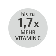 Rundes Etikett mit der Aufschrift 'bis zu 1,7x mehr Vitamin C', Vorderansicht