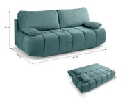 Schlafsofa in türkis mit zwei Kissen, abgebildet aus einer seitlichen Perspektive. Maße: 207 cm Breite, 105 cm Tiefe, 93 cm Höhe im Sofa-Modus und 200 cm Länge, 144 cm Breite im Bett-Modus.