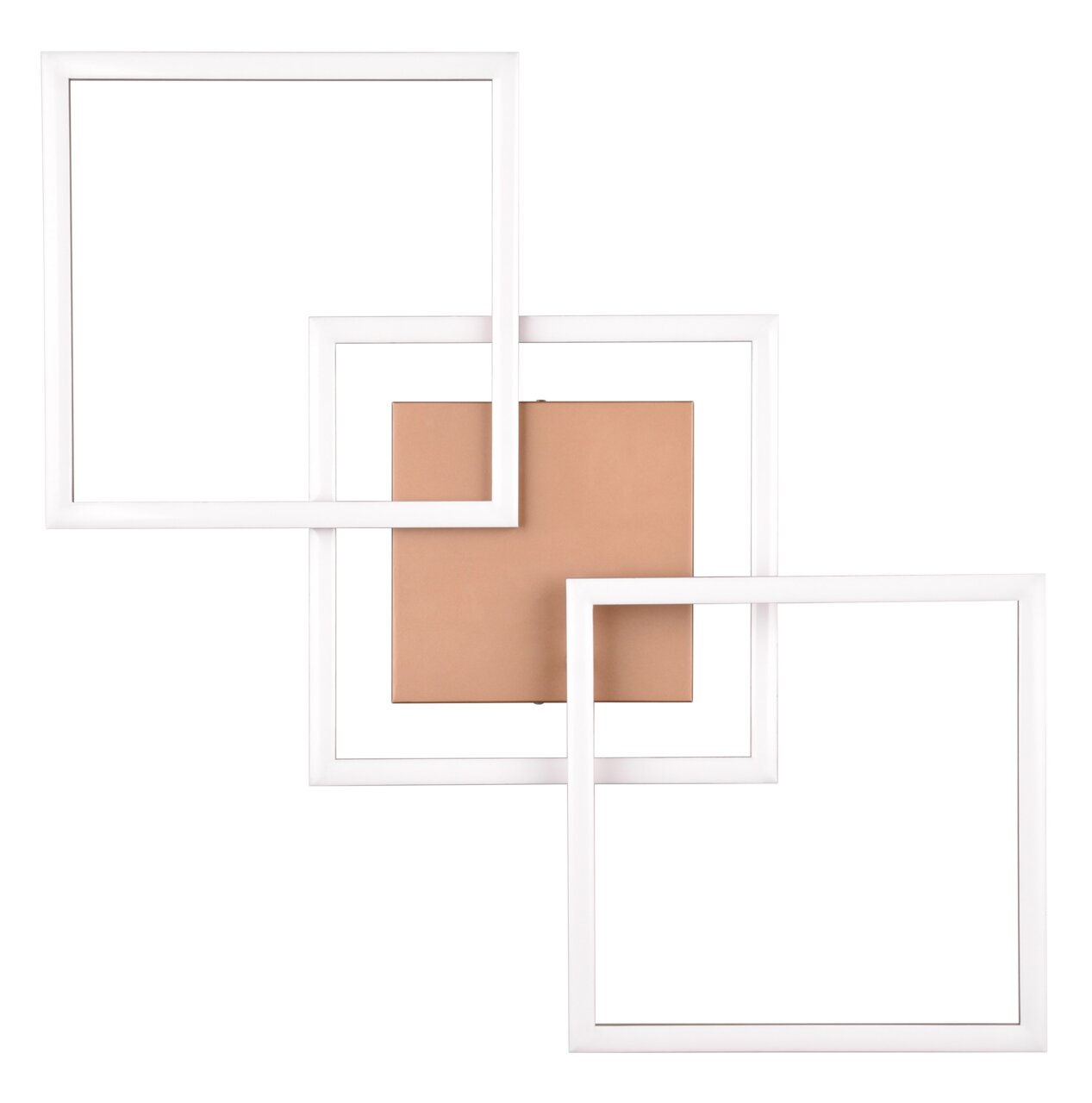 Moderne Deckenleuchte Trail mit geometrischem Design, bestehend aus drei überlappenden quadratischen Rahmen in Weiß, aus der Vogelperspektive.