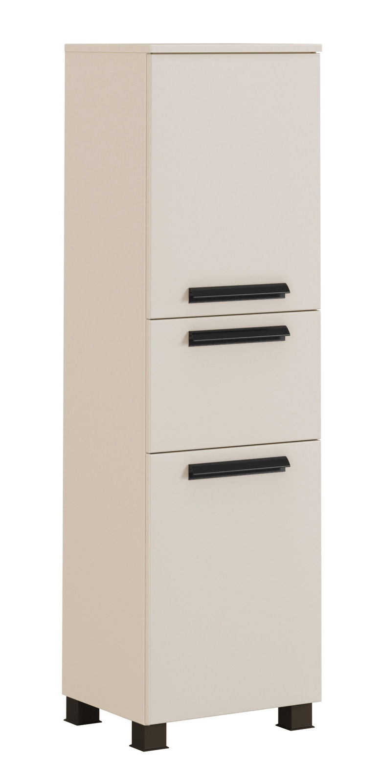 Beiger Midischrank mit drei schwarzen Griffen, frontal betrachtet