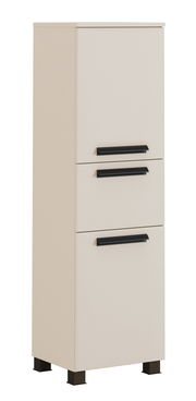 Beiger Midischrank mit drei schwarzen Griffen, frontal betrachtet