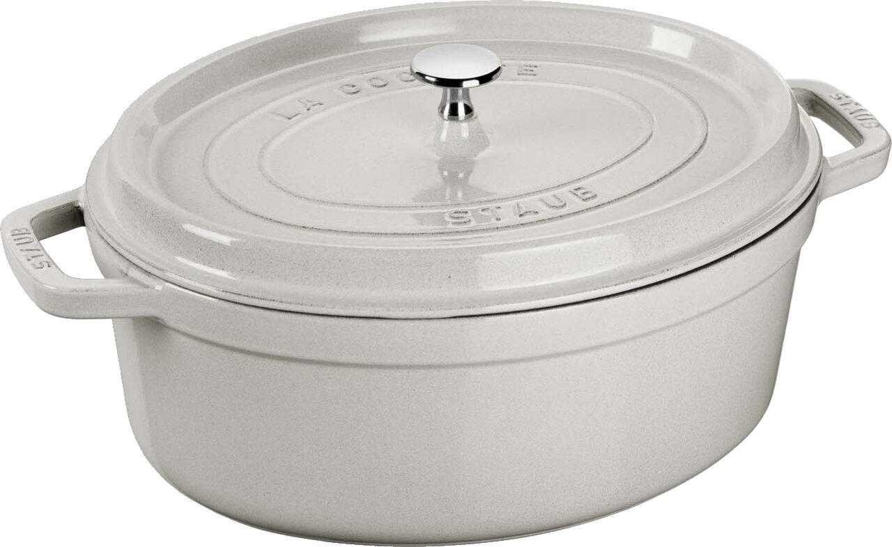 Weiße ovale Bräter Cocotte 33cm mit Deckel und seitlichen Griffen, seitliche Perspektive