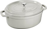 Weiße ovale Bräter Cocotte 33cm mit Deckel und seitlichen Griffen, seitliche Perspektive