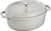 Weiße ovale Bräter Cocotte 33cm mit Deckel und seitlichen Griffen, seitliche Perspektive
