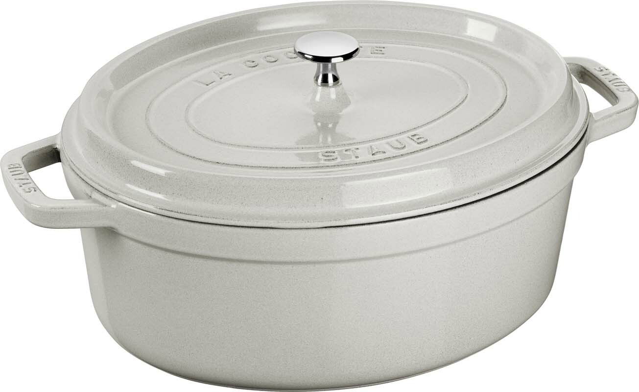 Weiße ovale Bräter Cocotte 33cm mit Deckel und seitlichen Griffen, seitliche Perspektive