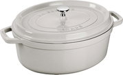 Weiße ovale Bräter Cocotte 33cm mit Deckel und seitlichen Griffen, seitliche Perspektive