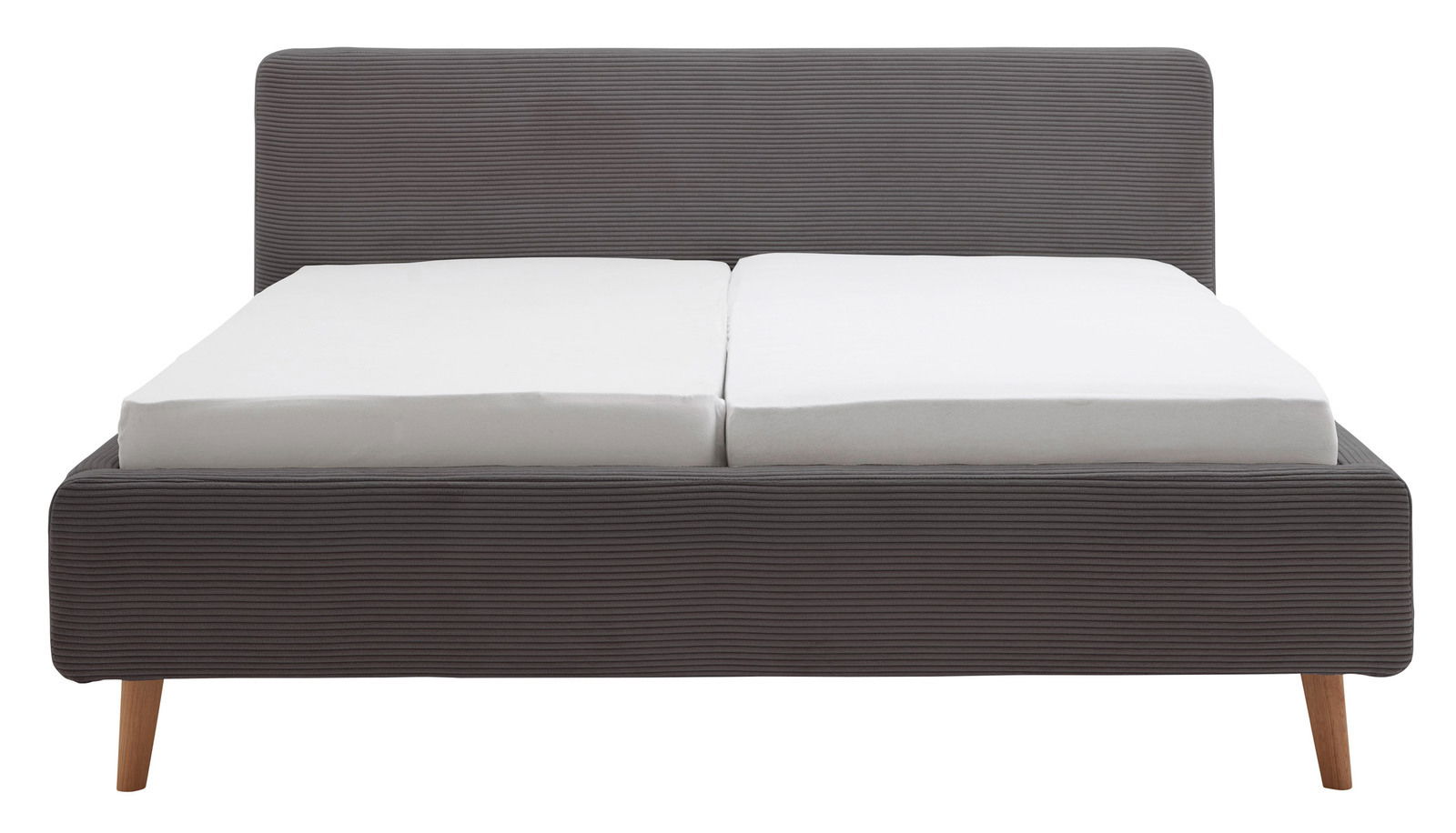 Frontale Ansicht eines modernen Polsterbettgestells mit grauem Stoffbezug und Holzbeinen.