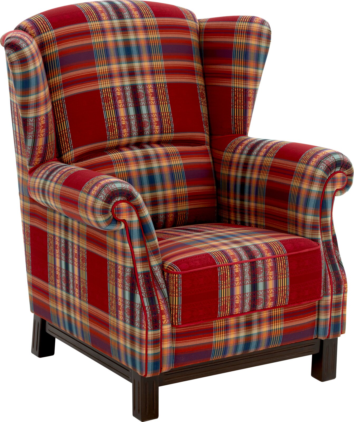 Zurbrüggen Solitärsessel OXFORD Karierter Ohrensessel mit hoher Rückenlehne und gepolsterten Armlehnen in Rot-Blau-Beige, freigestellt auf weißem Hintergrund, Ansicht schräg von vorn.