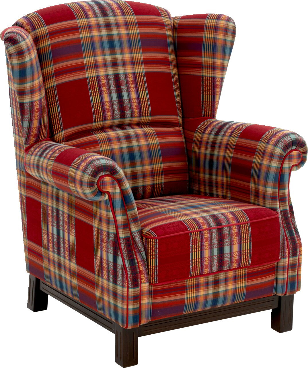 Geruite fauteuil met hoge rugleuning en gestoffeerde armleuningen in rood-blauw-beige, vrijstaand op een witte achtergrond, schuin vooraanzicht.