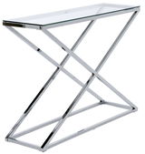 Moderne Konsole mit Glasplatte und verchromtem Metallgestell in seitlicher Perspektive