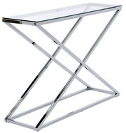 Moderne Konsole mit Glasplatte und verchromtem Metallgestell in seitlicher Perspektive
