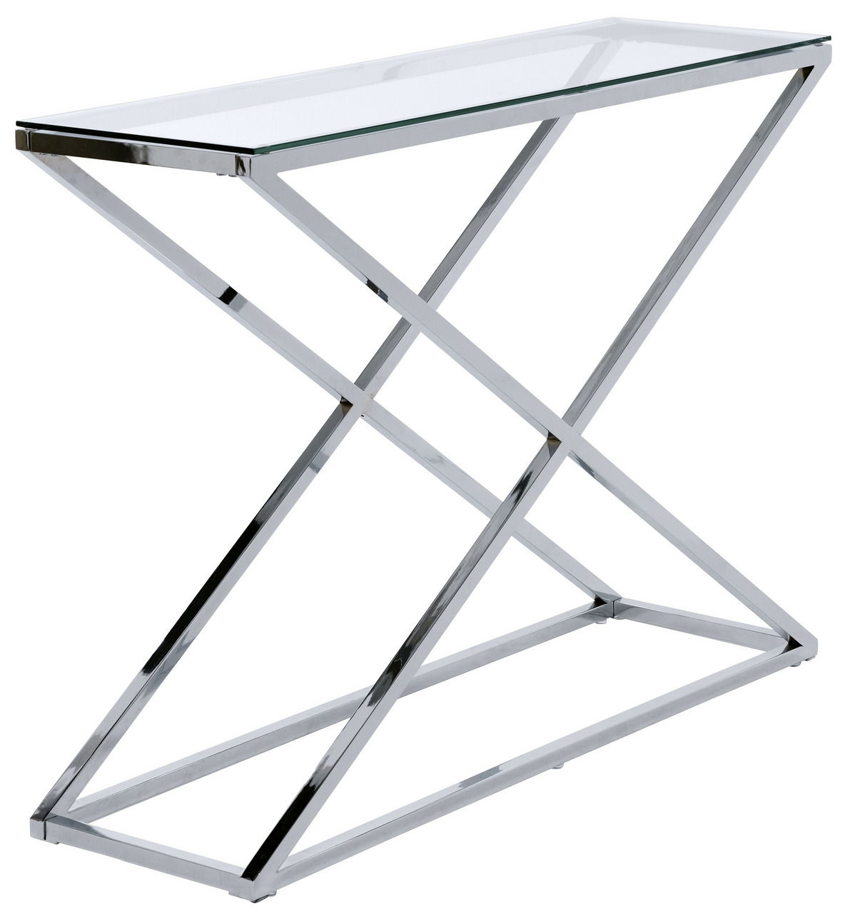 Moderne Konsole mit Glasplatte und verchromtem Metallgestell in seitlicher Perspektive
