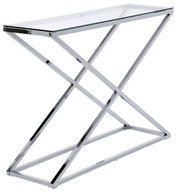 Moderne Konsole mit Glasplatte und verchromtem Metallgestell in seitlicher Perspektive