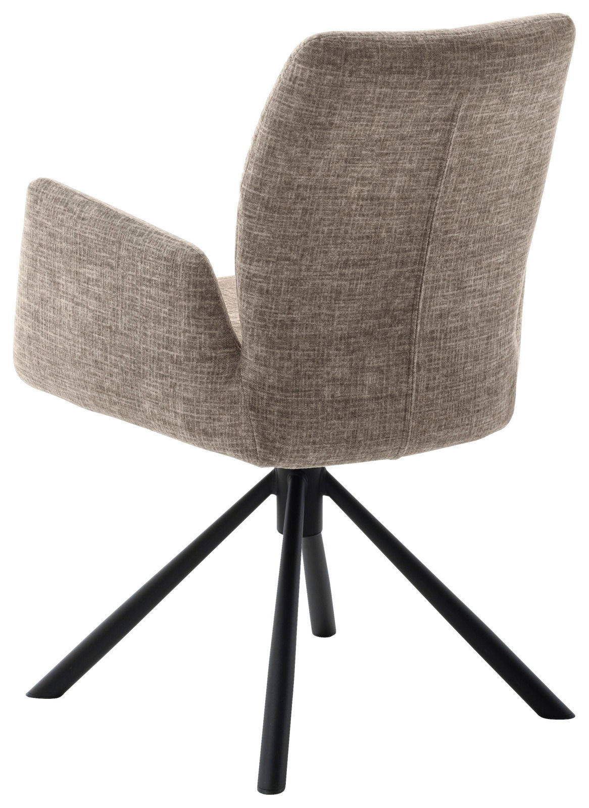 Rückansicht eines modernen Sessels mit grauem Stoffbezug und schwarzem Metallgestell.