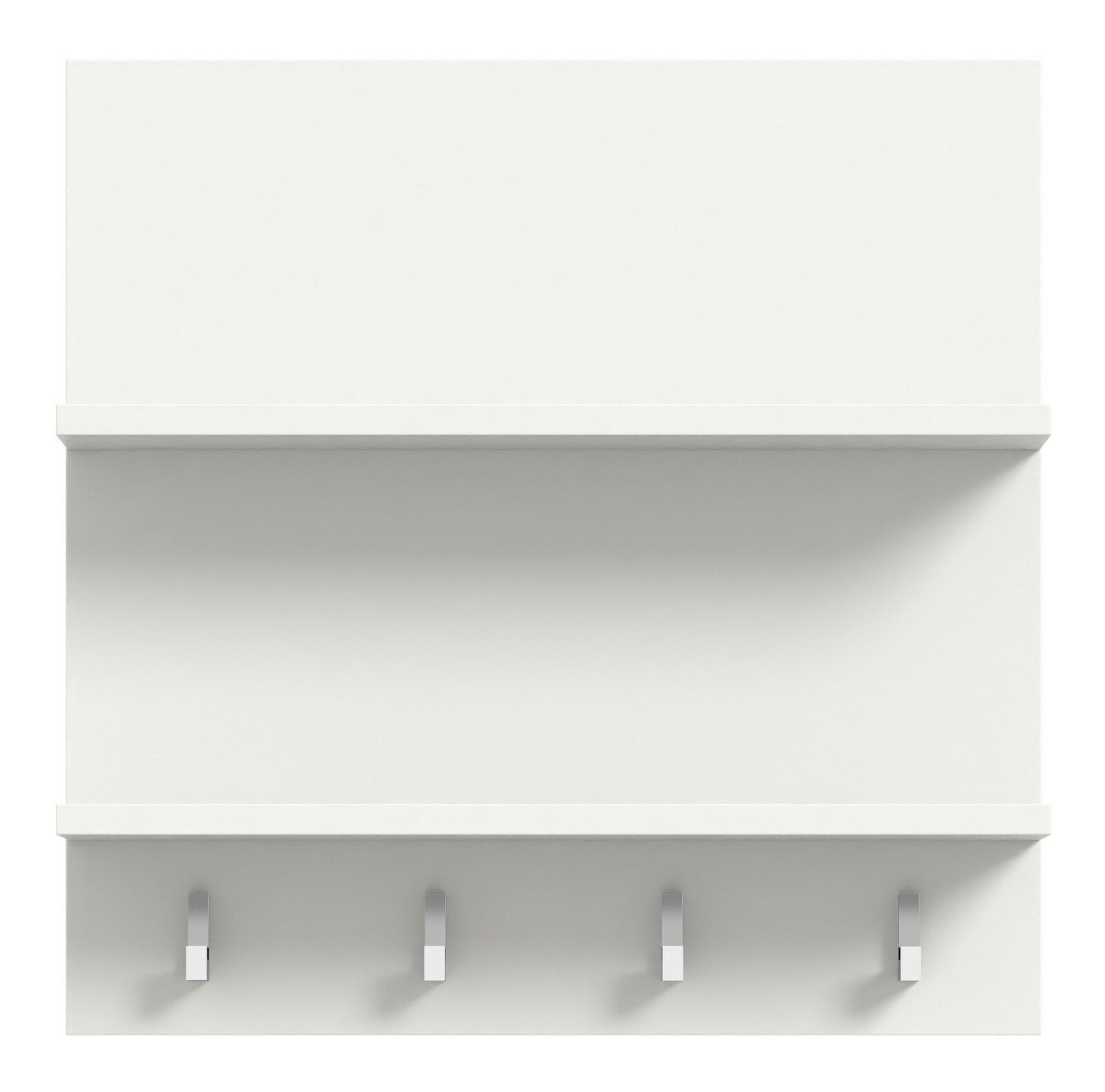 Weißes Paneel mit einem Regalbrett und vier Haken, Frontalansicht