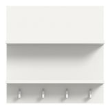 Weißes Paneel mit einem Regalbrett und vier Haken, Frontalansicht