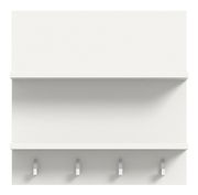 Weißes Paneel mit einem Regalbrett und vier Haken, Frontalansicht