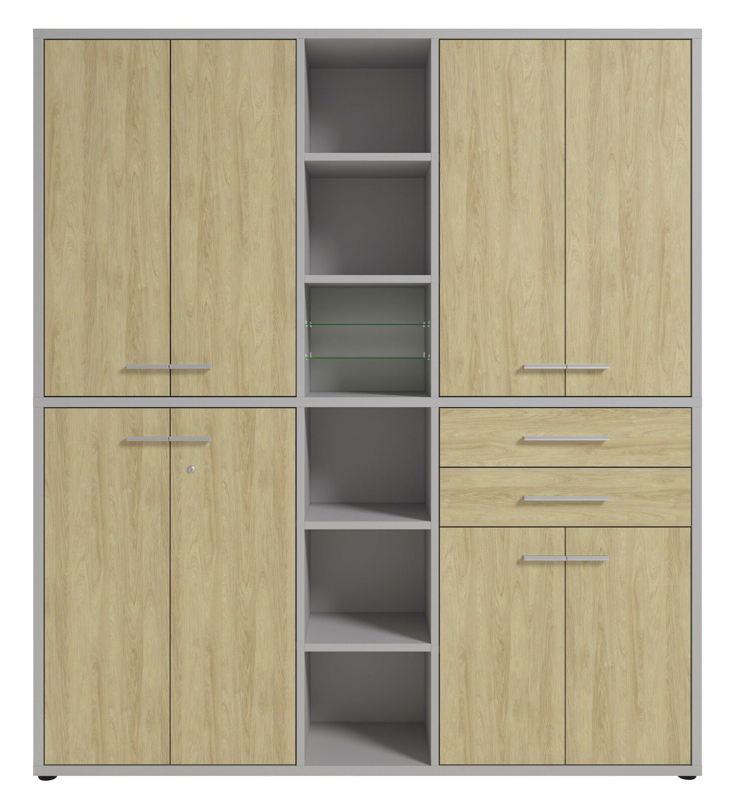 Aktenschrank hoch mit Holzoptik, zwei Türen, offenen Regalfächern und Schubladen, Frontalansicht