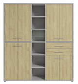 Aktenschrank hoch mit Holzoptik, zwei Türen, offenen Regalfächern und Schubladen, Frontalansicht
