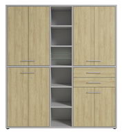 Aktenschrank hoch mit Holzoptik, zwei Türen, offenen Regalfächern und Schubladen, Frontalansicht