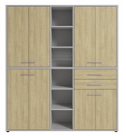 Aktenschrank hoch mit Holzoptik, zwei Türen, offenen Regalfächern und Schubladen, Frontalansicht