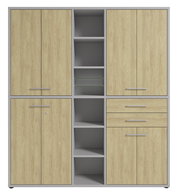 Aktenschrank hoch mit Holzoptik, zwei Türen, offenen Regalfächern und Schubladen, Frontalansicht