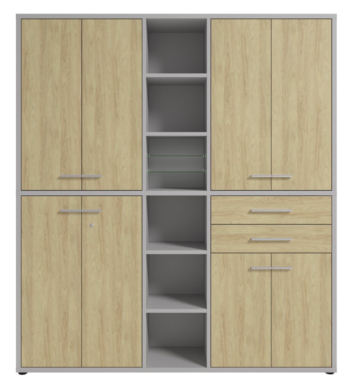 Aktenschrank hoch mit Holzoptik, zwei Türen, offenen Regalfächern und Schubladen, Frontalansicht