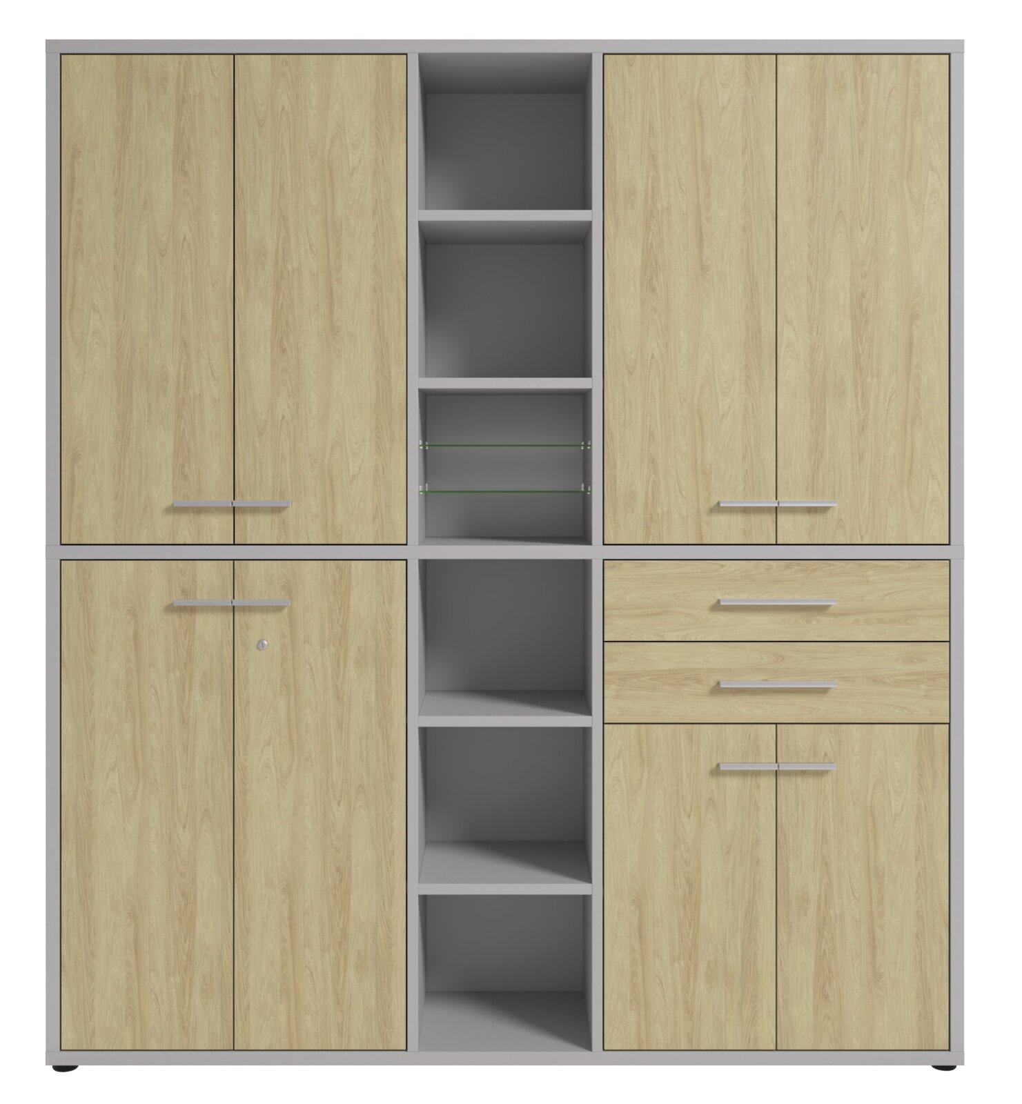 Aktenschrank hoch mit Holzoptik, zwei Türen, offenen Regalfächern und Schubladen, Frontalansicht