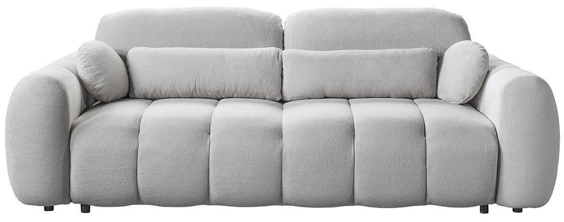 Graues Funktionssofa mit weichen, abgerundeten Formen, frontal betrachtet.