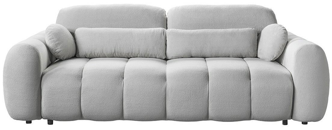 Graues Funktionssofa mit weichen, abgerundeten Formen, frontal betrachtet.