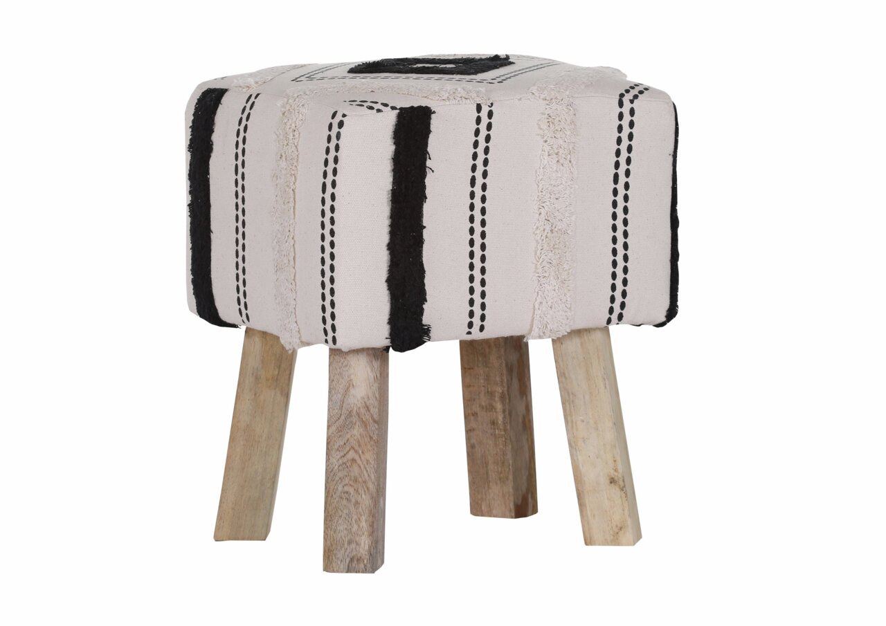 Hocker mit gestreiftem Stoffbezug in Schwarz und Beige, auf vier Holzbeinen, seitliche Perspektive
