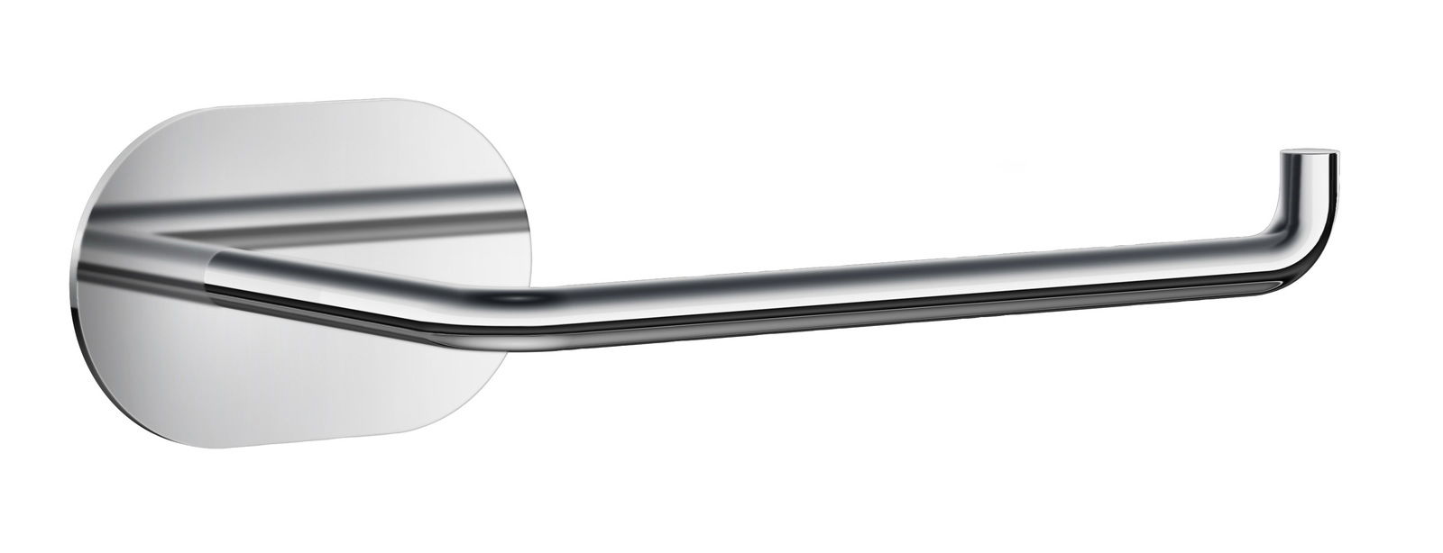 Moderner Toilettenpapierhalter aus Edelstahl, seitliche Perspektive, glänzende Oberfläche, minimalistisches Design.