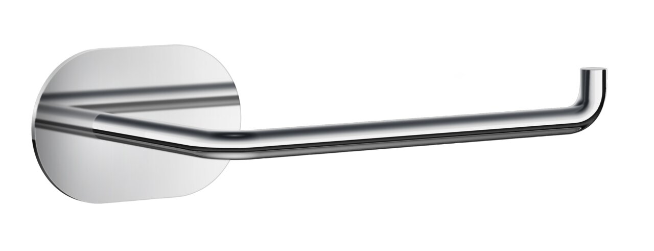 Moderner Toilettenpapierhalter aus Edelstahl, seitliche Perspektive, glänzende Oberfläche, minimalistisches Design.