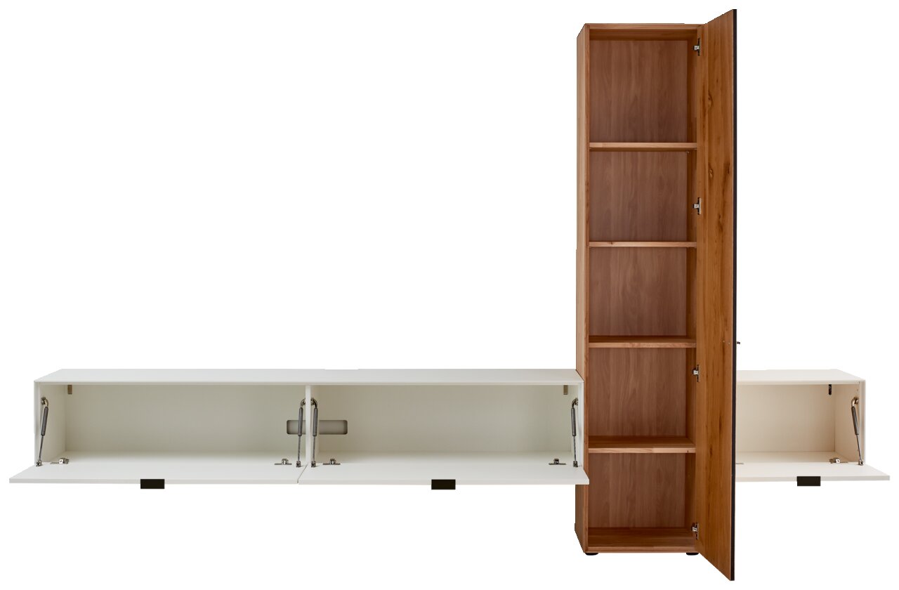 Frontale Ansicht einer Wandkombination mit einem hohen, offenen Holzschrank und zwei weißen, horizontalen Klappfächern.