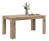 Holzesstisch mit natürlicher Maserung, dekoriert mit einer Vase und Geschirr, seitliche Perspektive