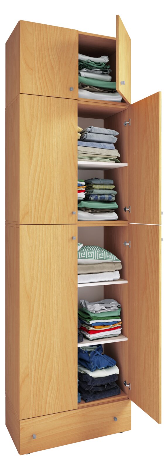 Hoher Holz-Kleiderschrank mit mehreren Fächern und geöffneten Türen, gefüllt mit ordentlich gestapelter Kleidung, schräg von vorn rechts fotografiert